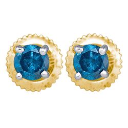 10kt Yellow Gold Round Blue Color Enhanced Diamond Solitaire Stud Earrings 1/4 Cttw