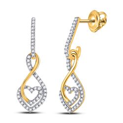10kt Yellow Gold Round Diamond Heart Dangle Screwback Earrings 1/4 Cttw