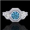 Image 2 : 1.05 ctw Intense Blue Diamond Art Deco 3 Stone Ring 18k White Gold