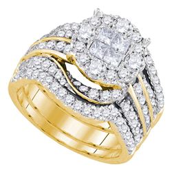 14kt Yellow Gold Womens Princess Round Diamond Bridal Wedding Engagement Ring Band Set 2-1/2 Cttw