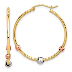 14k Yellow Gold Tri-color Beads Hoop Earrings - 25 mm