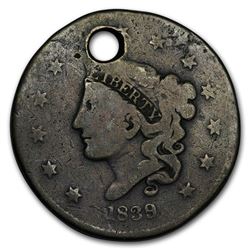 1839/6 Large Cent Plain Cord Good (Holed)