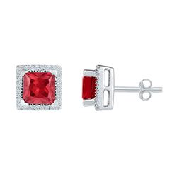 Sterling Silver Womens Princess Lab-Created Ruby Stud Earrings 2.00 Cttw