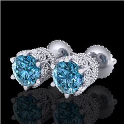 2.04 ctw Fancy Intense Blue Diamond Art Deco Earrings 18k White Gold