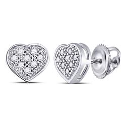 10kt White Gold Womens Round Diamond Heart Cluster Screwback Earrings 1/20 Cttw