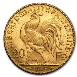 1913 France Gold 20 Francs Rooster BU