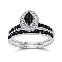 Sterling Silver Round Black Color Enhanced Diamond Bridal Wedding Engagement Ring Set 1/2 Cttw