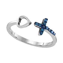 Sterling Silver Womens Round Blue Color Enhanced Diamond Cross Heart Bisected Band Ring 1/10 Cttw