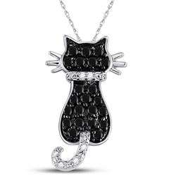 10kt White Gold Womens Round Black Color Enhanced Diamond Kitty Cat Feline Animal Pendant 1/3 Cttw