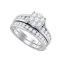 14kt White Gold Womens Round Diamond Cluster Bridal Wedding Engagement Ring Set 1-1/2 Cttw