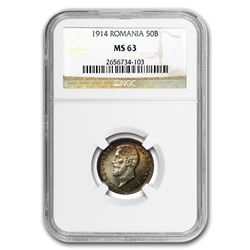 1914 Romania Silver 50 Bani MS-63 NGC