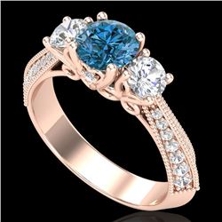 1.81 ctw Intense Blue Diamond Art Deco 3 Stone Ring 18k Rose Gold