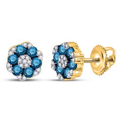 10kt Yellow Gold Womens Round Blue Color Enhanced Diamond Cluster Screwback Earrings 1.00 Cttw