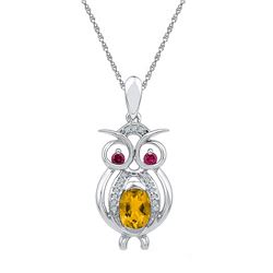 Sterling Silver Womens Oval Lab-Created Citrine Owl Bird Animal Pendant 1.00 Cttw
