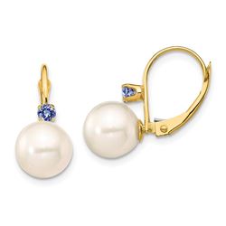 14k Yellow Au White Pearl Tanzanite Leverback Earrings - 8-8.5 mm