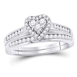10kt White Gold Womens Diamond Heart Bridal Wedding Engagement Ring Set 1/2 Cttw Size 5
