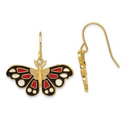 14k Yellow Gold Polished Enameled Butterfly Dangle Earrings