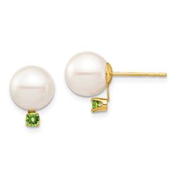 14k Yellow Gold White Pearl Peridot Post Earrings - 8-8.5 mm