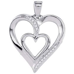 10kt White Gold Womens Round Diamond Double Nested Heart Pendant 1/20 Cttw