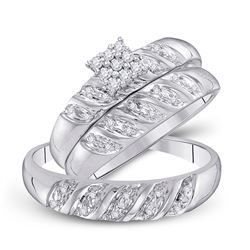 10kt White Gold His & Hers Round Diamond Cluster Matching Bridal Wedding Ring Band Set 1/10 Cttw