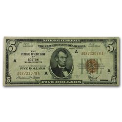1929 (A-Boston) $5.00 Brown Seal FRBN VF