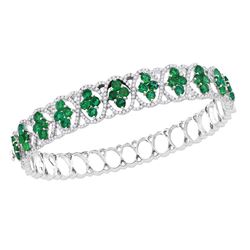 18kt White Gold Womens Round Emerald Diamond Bangle Bracelet 1-3/8 Cttw