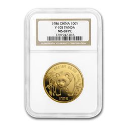 1986 China 1 oz Gold Panda MS-69 PL NGC