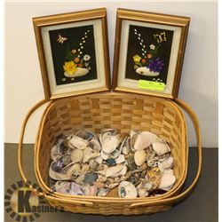 2 SHELL PICTURES OF FLOWERS AND LGE BASKET OF