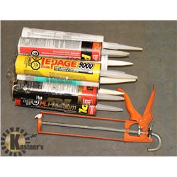 CAULKING GUN WITH 10 TUBES OF CAULK & ADHESIVES