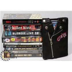 FLAT OF DVD'S AND VHS MUSIC KISS HENDRIX ZEP MORE