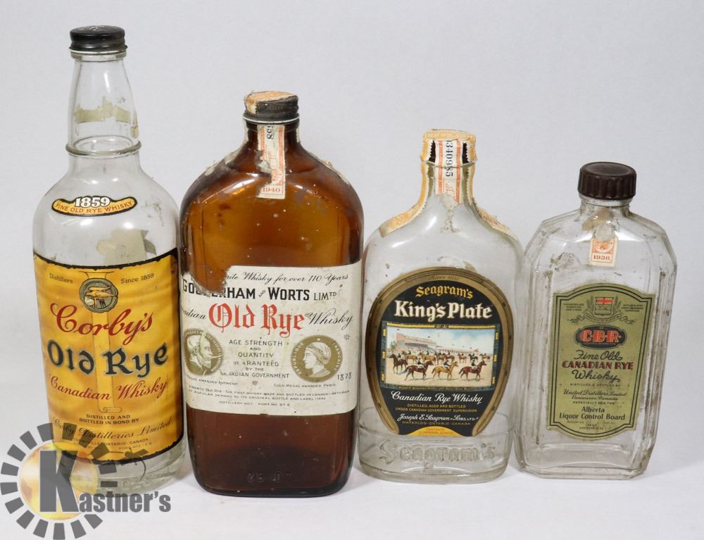 FLAT OF 4 VINTAGE LIQUOR BOTTLES FROM 1930 TO