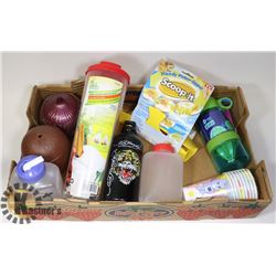 FLAT OF ASSORTED TRAVEL DRINK CONTAINERS AND MORE
