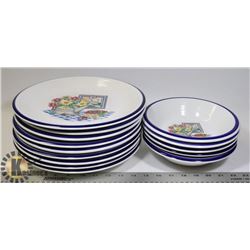 DINNER PLATES AND BOWLS BLUE TRIM AND FLOWERS