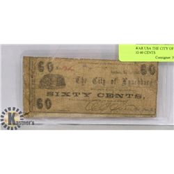 1862 CIVIL WAR USA THE CITY OF HONCHBURG 60 CENTS