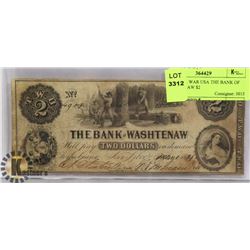 1854 CIVIL WAR USA THE BANK OF WASHTENAW $2