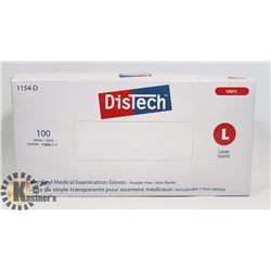 BOX OF 100 SIZE LARGE DISTECH CLEAR VINYL MEDICAL
