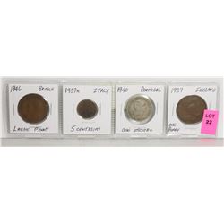 STRIP OF 4 BRITISH-ITALY-PORTUGAL & IRELAND COINS