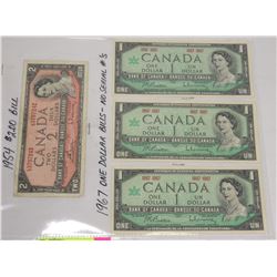 LOT OF THREE 1967 ONE DOLLAR BILS AND ONE 1954 TWO