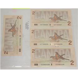 SET OF 4 - 1986 TWO DOLLAR CANADIAN BILLS