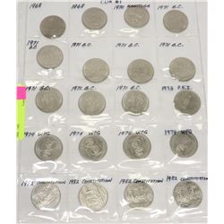 20 CANADIAN ONE DOLLAR COINS 1968 - 1982