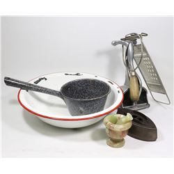 FLAT OF VINTAGE ENAMEL WARE &