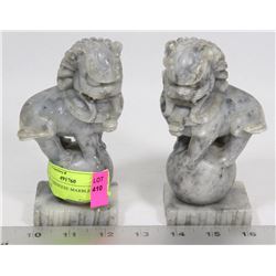 PAIR OF CHINEESE MARBLE LION STATUES, 6" TALL
