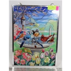 BIRD SCENE STAINED GLASS HANGING ART 11.5" X 16"