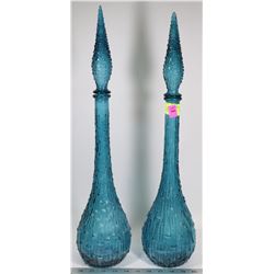PAIR OF BLUE ART GLASS DECANTERS 22" TALL