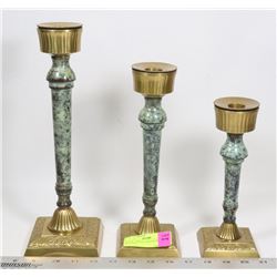 SET OF 3 BRASS AND STONE CANDLE HOLDERS
