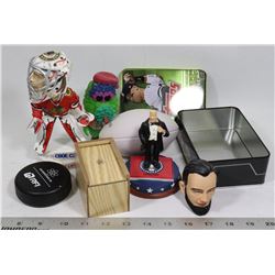 BOX OF BOBBLE HEADS AND SPORTS LOT