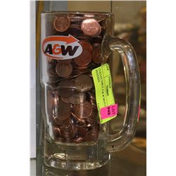 COLLECTIBLE A & W MUG FULL OF PENNIES