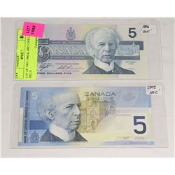 LOT OF TWO 1986 & 2002 5 DOLLAR BILLS