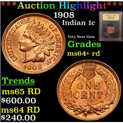 ***Auction Highlight*** 1908 Indian Cent 1c Graded Choice+ Unc RD By USCG (fc)