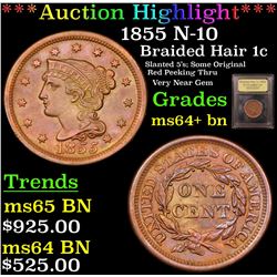 ***Auction Highlight*** 1855 N-10 Braided Hair Large Cent 1c Graded Choice+ Unc BN By USCG (fc)